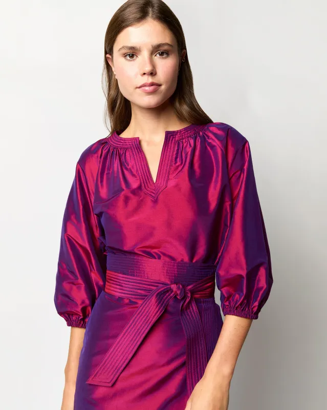 Trapunto Blouson Top in Berry Iridescent Silk Shantung made by Mashburn