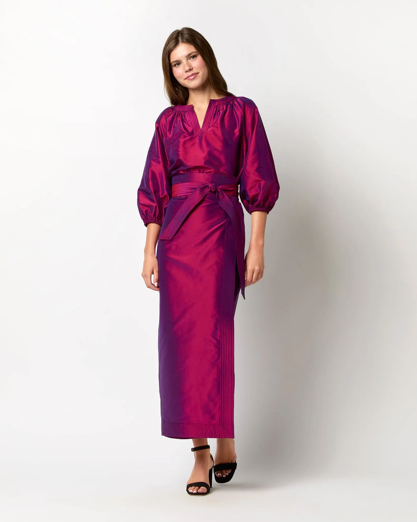 Trapunto Blouson Top in Berry Iridescent Silk Shantung sold by Mashburn product image thumbnail 3