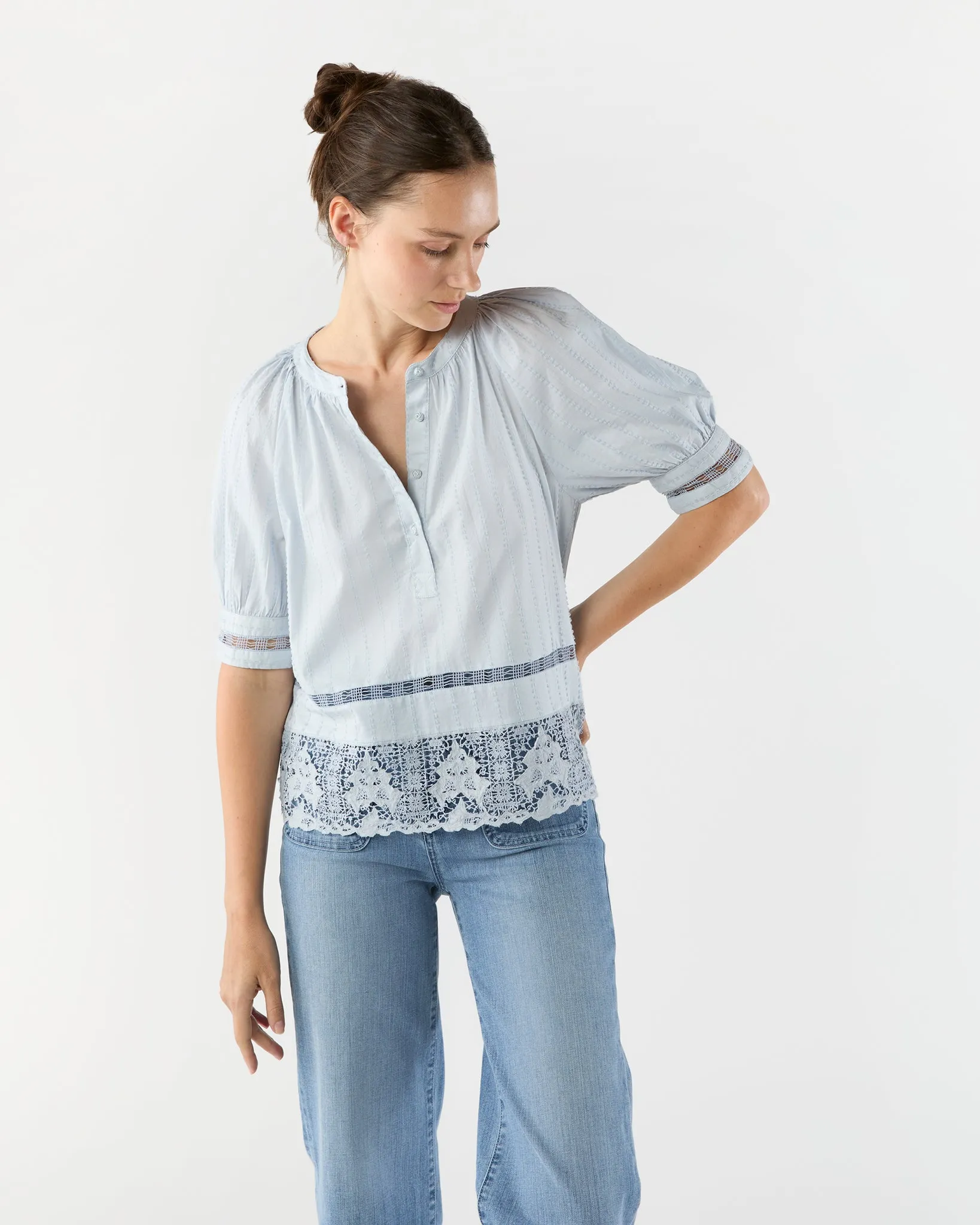 Faye Puff Sleeve Blouse in Celeste sold by Mashburn