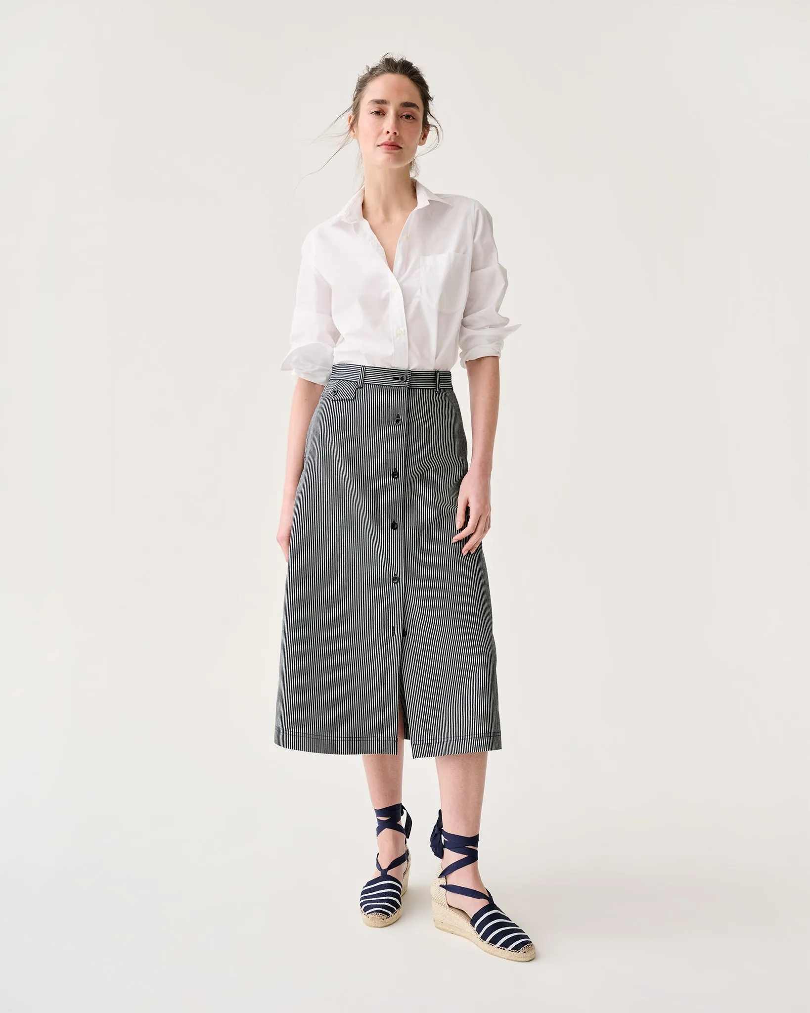 Robin Skirt in Indigo Railroad Stripe Denim sold by Mashburn