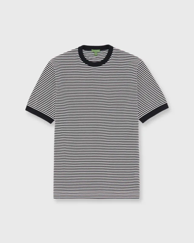 Short-Sleeved Crewneck Sweater in Navy/Chalk Stripe Cotton sold by Mashburn