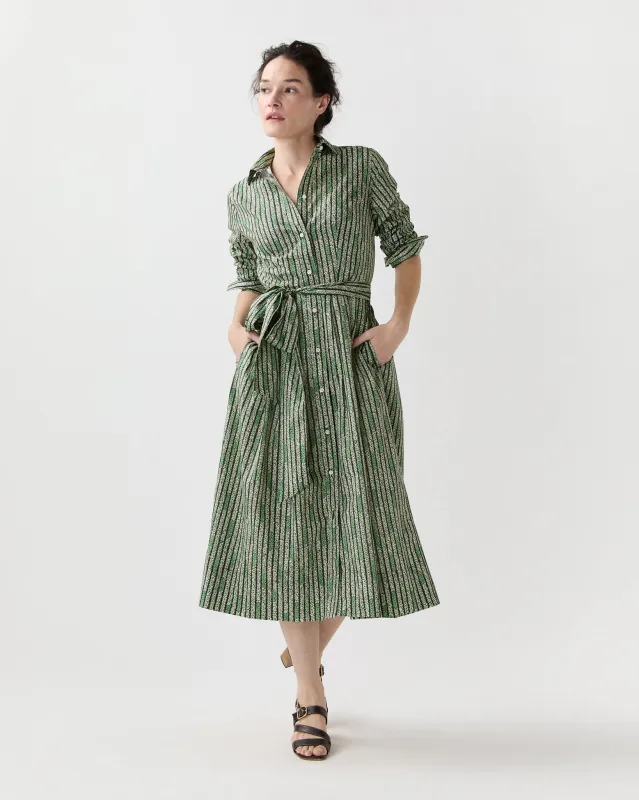Classic Shirtwaist Dress in Green Floral Stripe Printed Poplin made by Mashburn
