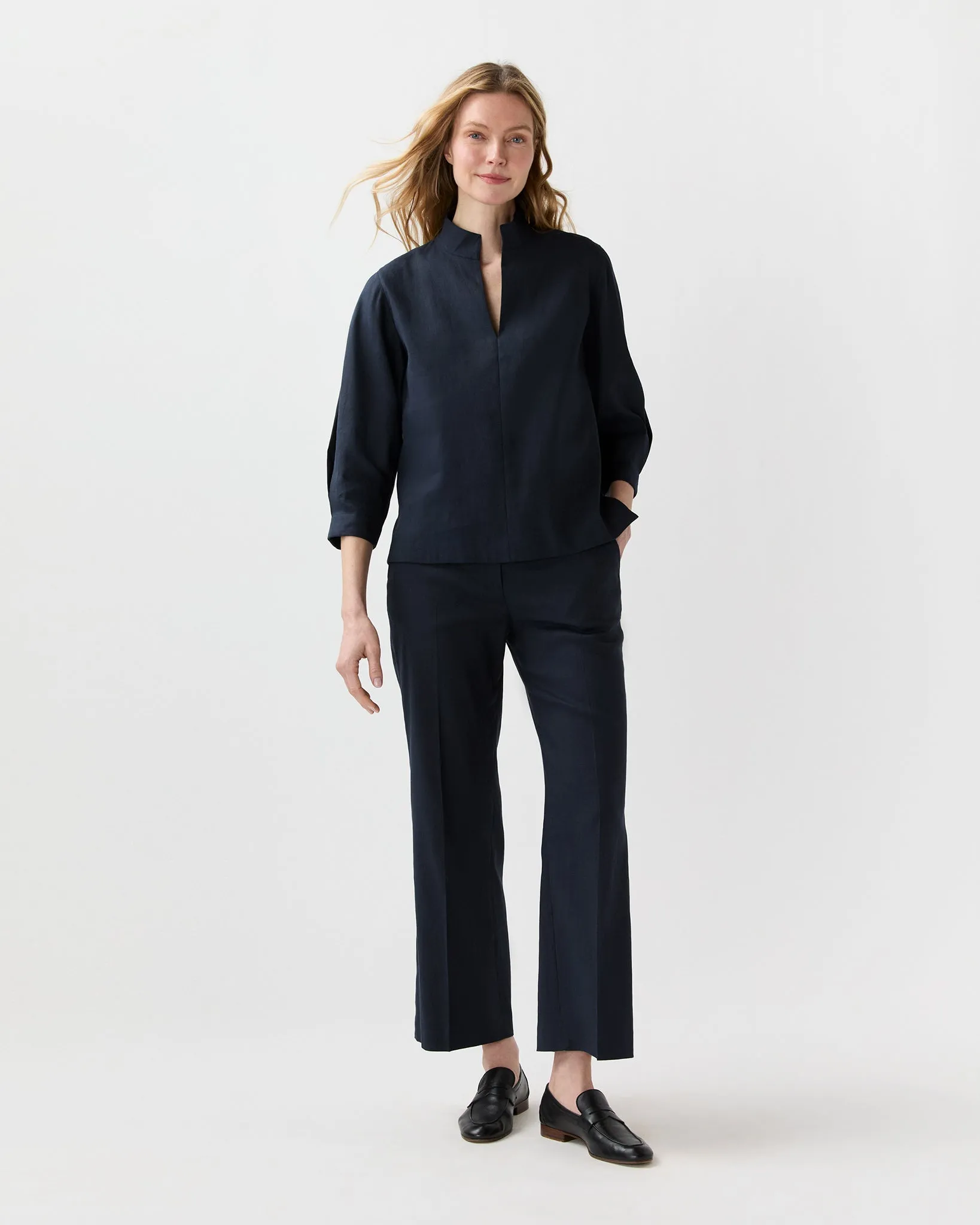3/4-Sleeved Violetta Top in Navy Stretch Cotolino sold by Mashburn product image thumbnail 4