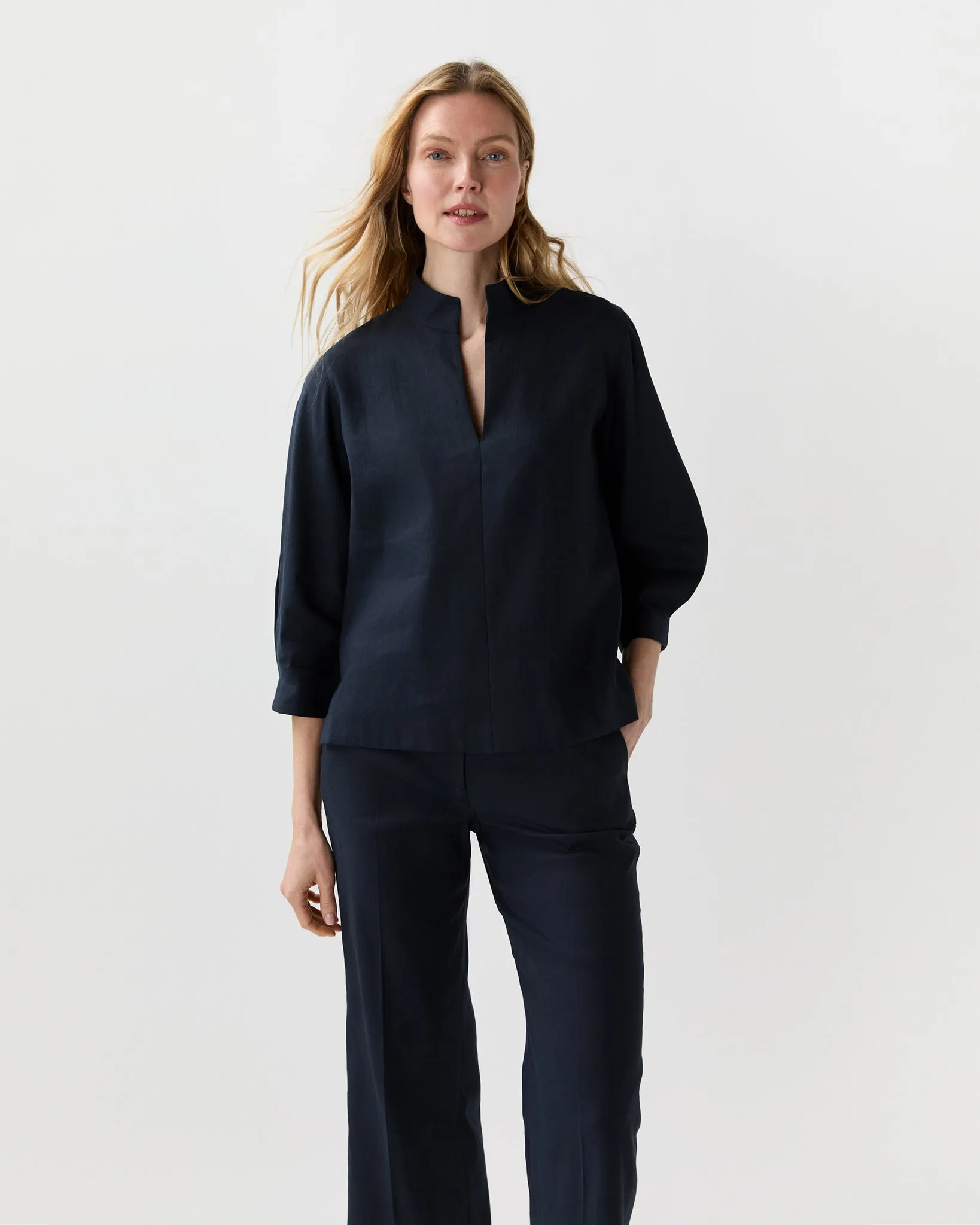 3/4-Sleeved Violetta Top in Navy Stretch Cotolino sold by Mashburn