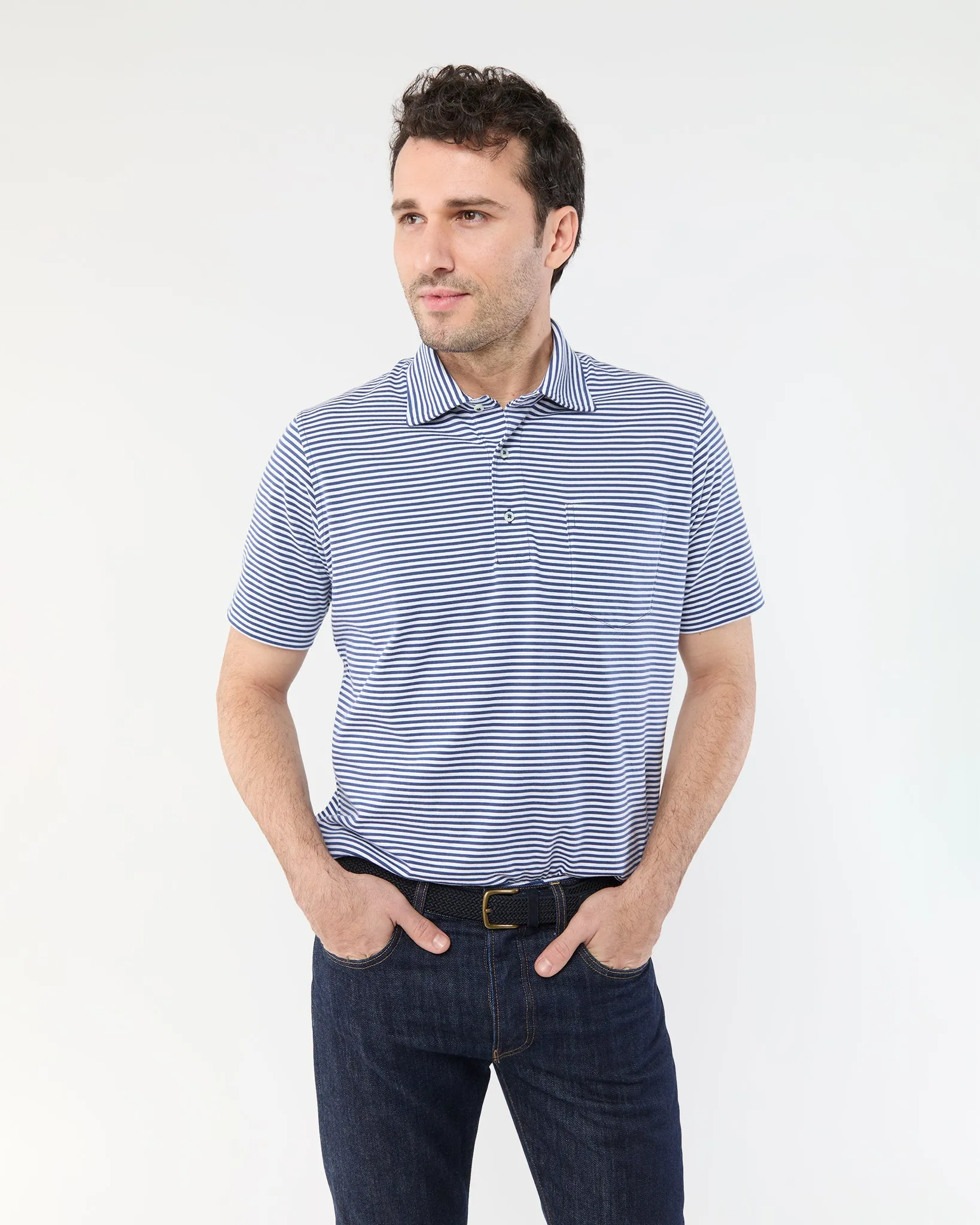Short-Sleeved Polo in Ink/White Stripe Jersey sold by Mashburn product image thumbnail 2