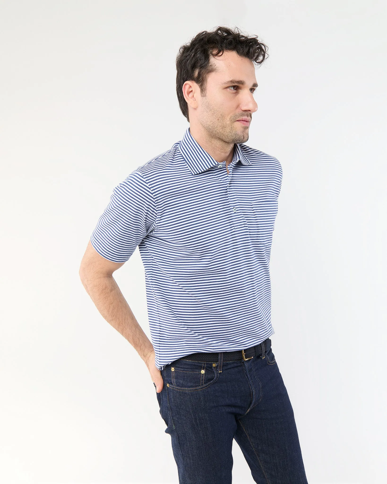 Short-Sleeved Polo in Ink/White Stripe Jersey sold by Mashburn product image thumbnail 5
