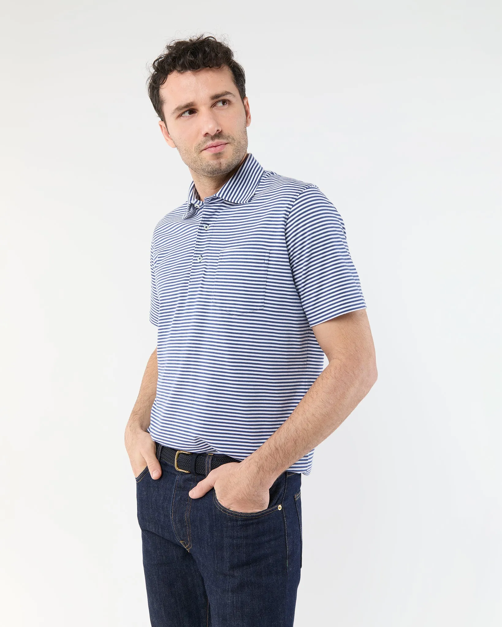 Short-Sleeved Polo in Ink/White Stripe Jersey sold by Mashburn product image thumbnail 3