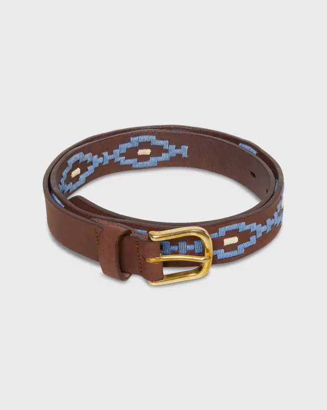 1 1/8" Polo Belt in Blue/Bone Medium Brown Leather made by Sid Mashburn