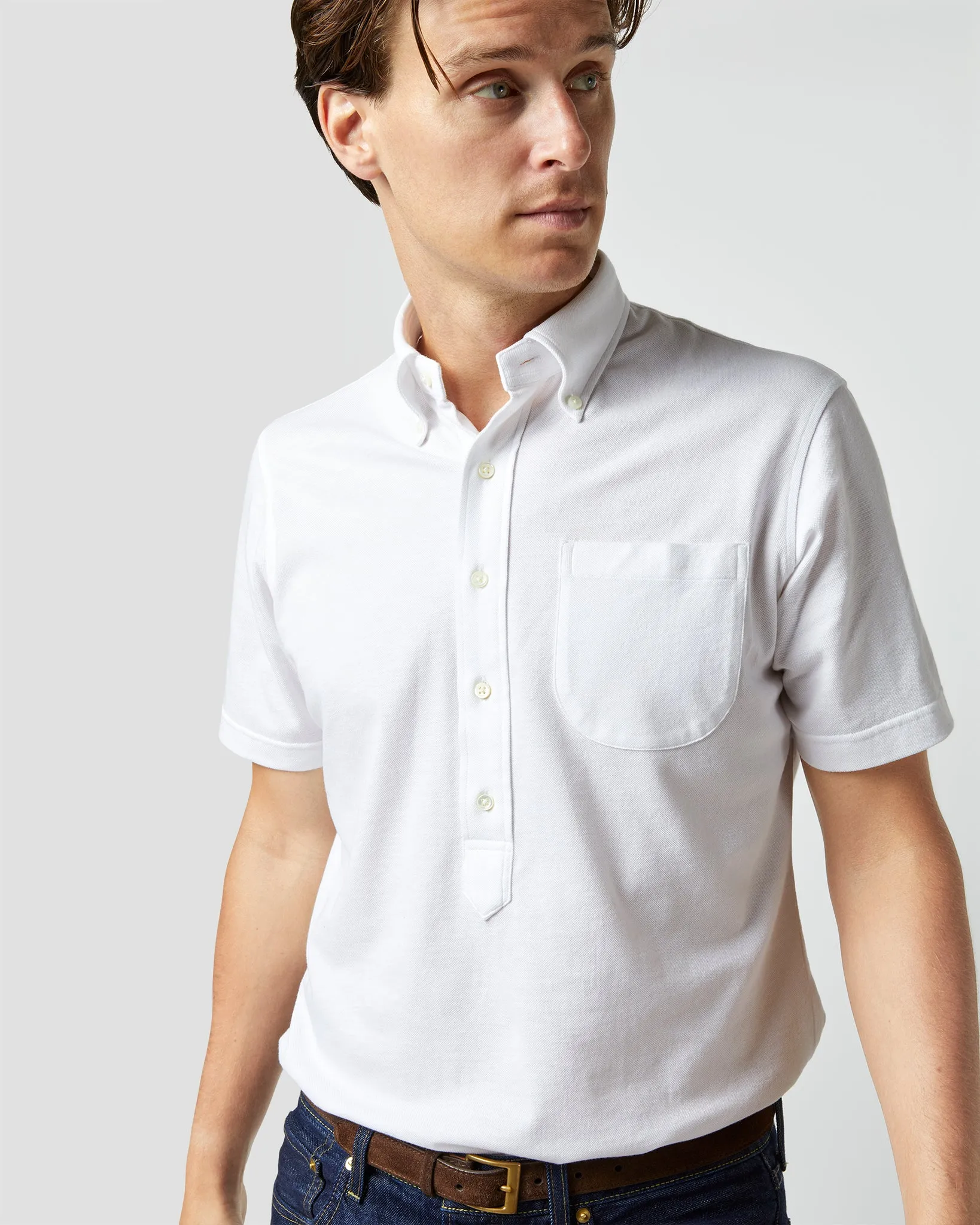 Short-Sleeved Knit Button-Down Popover Shirt in White Pima Pique sold by Mashburn product image thumbnail 2
