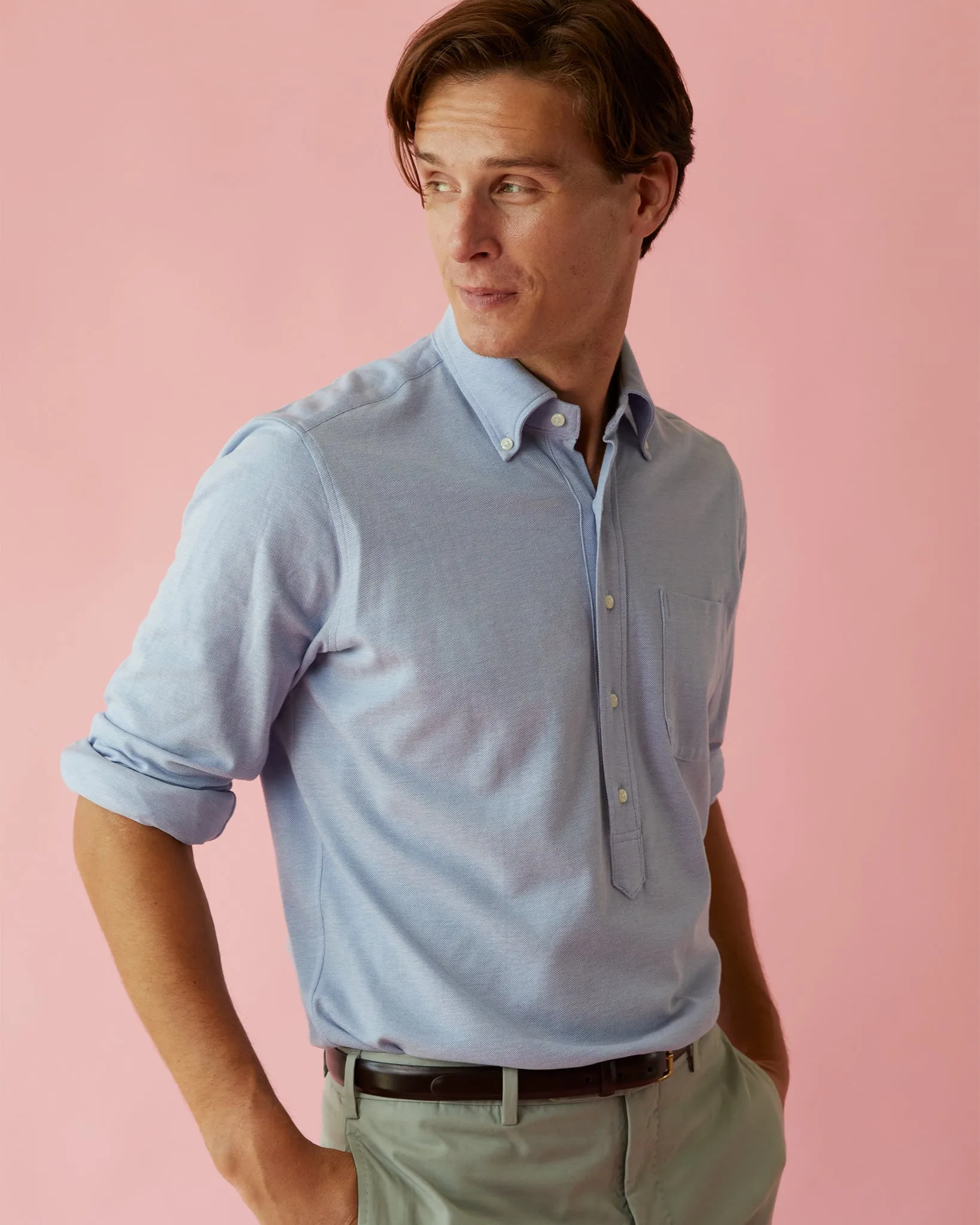 Knit Button-Down Popover Shirt in Sky Oxford Pima Pique sold by Mashburn product image thumbnail 2