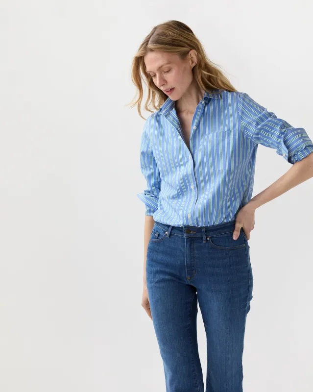 Sidney Shirt in French Blue/Green Multi Stripe Poplin made by Mashburn