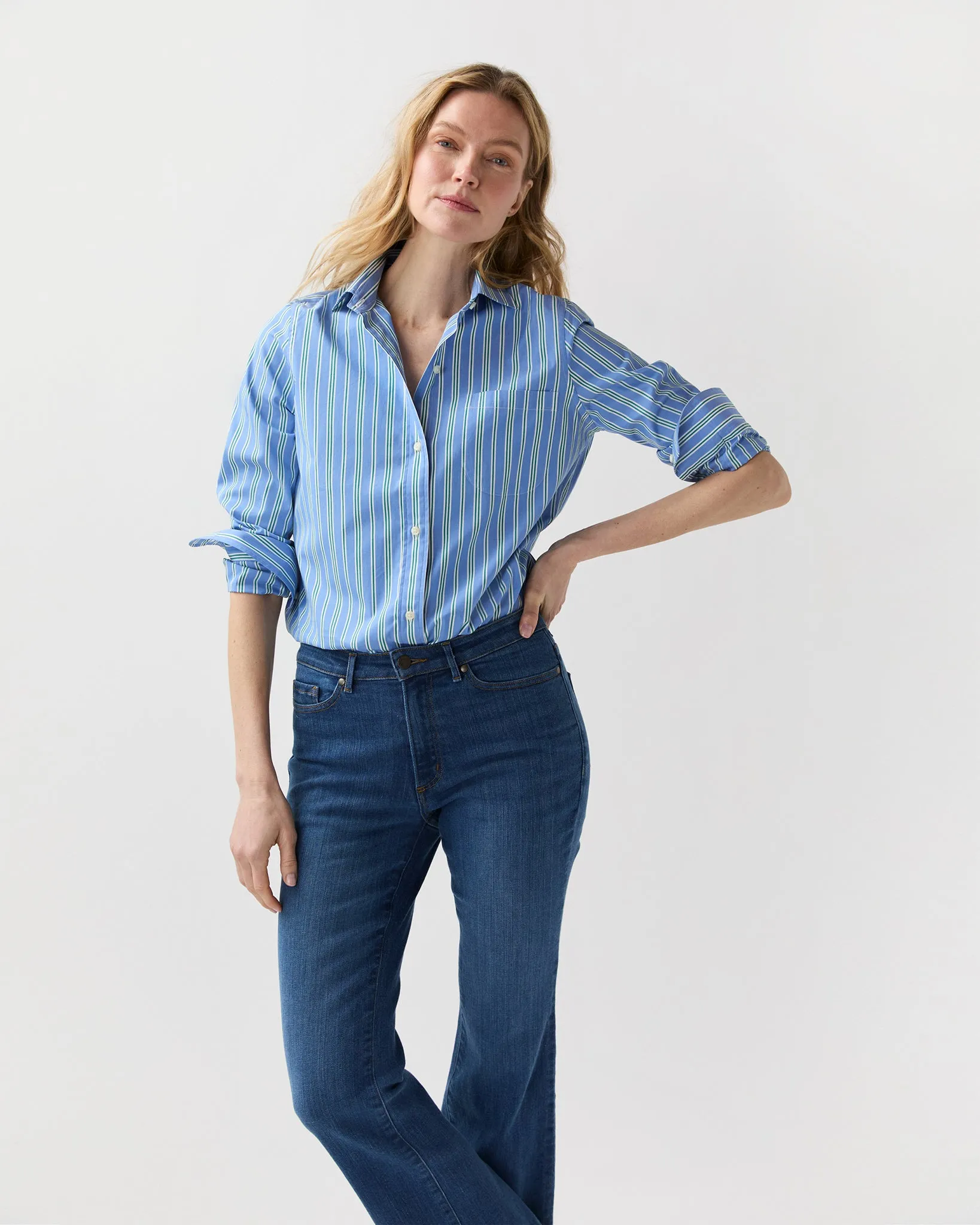 Sidney Shirt in French Blue/Green Multi Stripe Poplin sold by Mashburn product image thumbnail 3