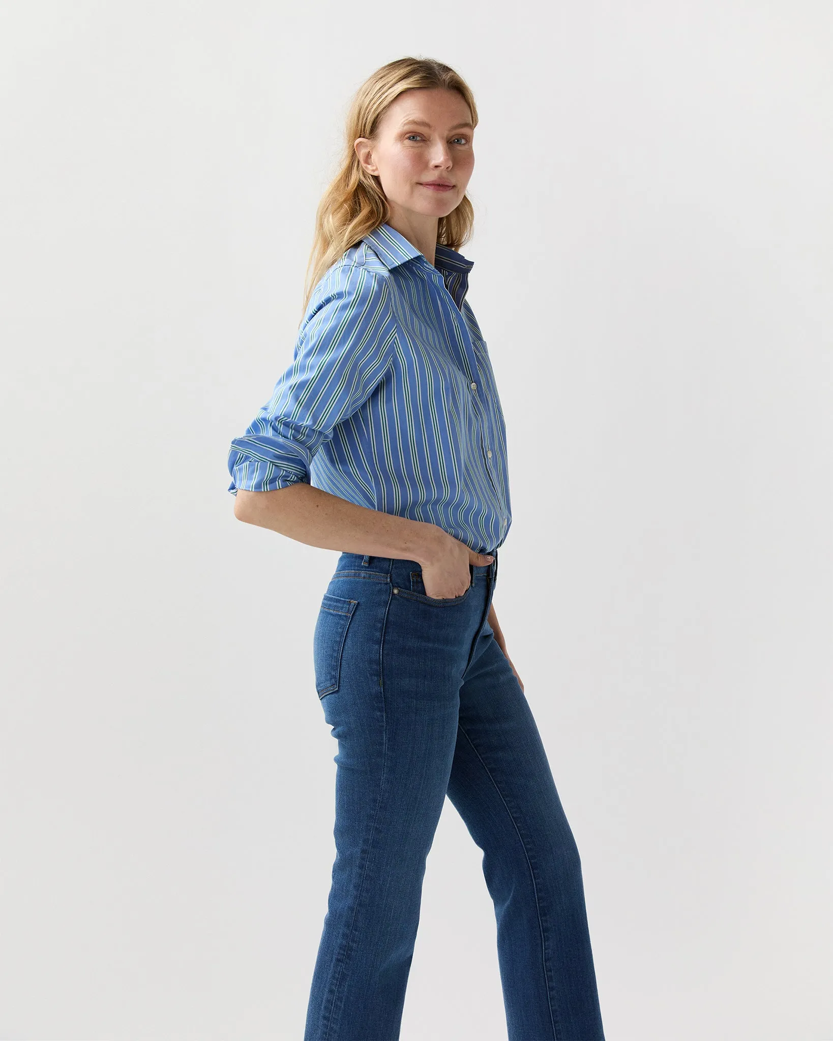 Sidney Shirt in French Blue/Green Multi Stripe Poplin sold by Mashburn product image thumbnail 4