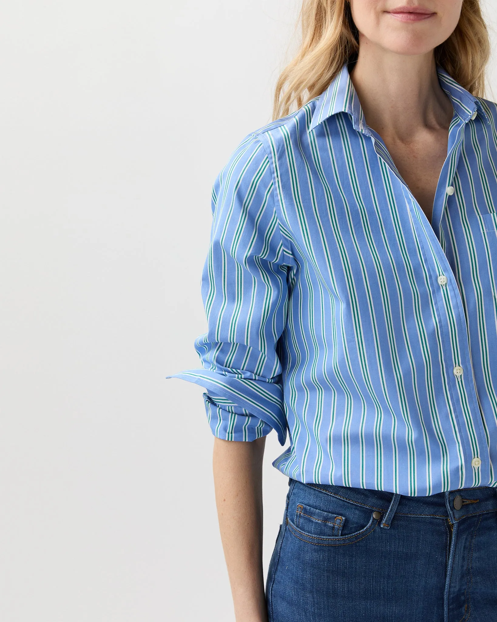 Sidney Shirt in French Blue/Green Multi Stripe Poplin sold by Mashburn product image thumbnail 2