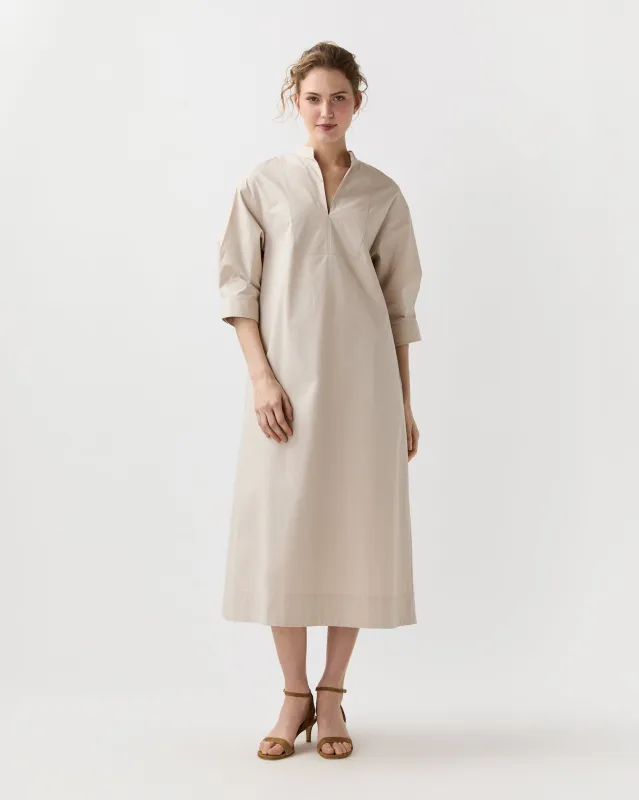 Cadie Dress in Sand Paperweight Stretch Poplin made by Mashburn