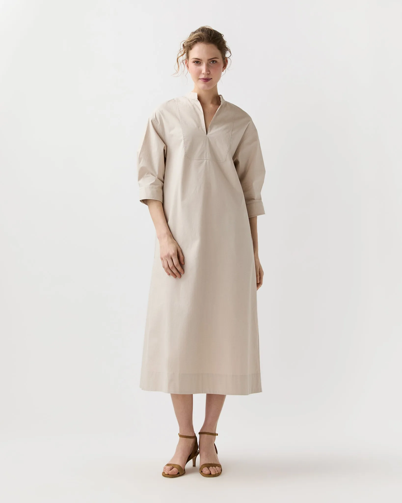 Cadie Dress in Sand Paperweight Stretch Poplin sold by Mashburn