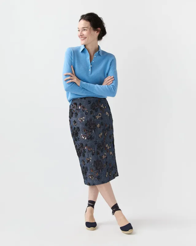 Aurora Skirt in Indigo Floral Sequin Embroidered Twill made by Mashburn