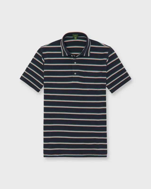 Short-Sleeved Polo in Navy/Peach/Green Stripe Pima Pique sold by Mashburn