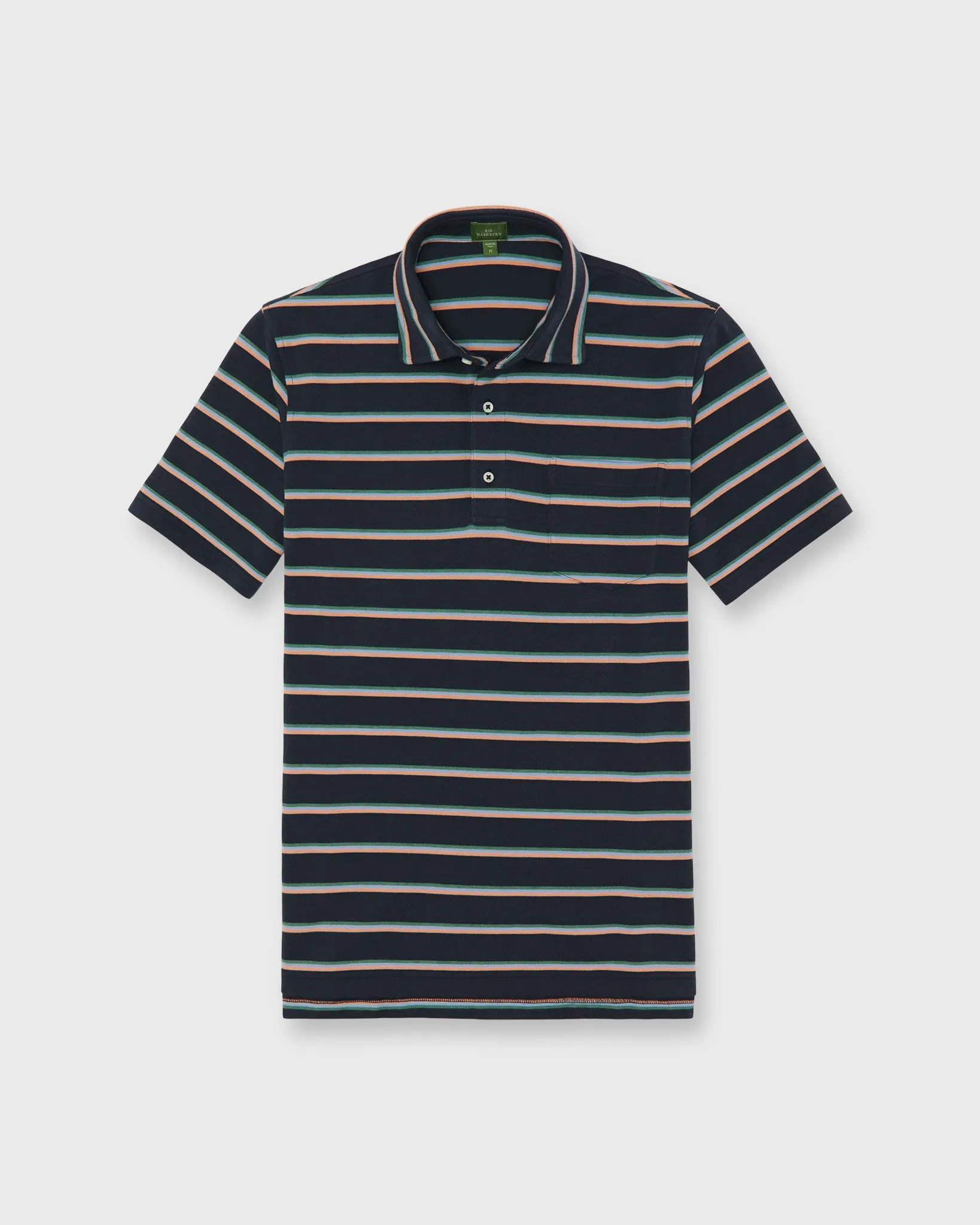 Short-Sleeved Polo in Navy/Peach/Green Stripe Pima Pique sold by Mashburn