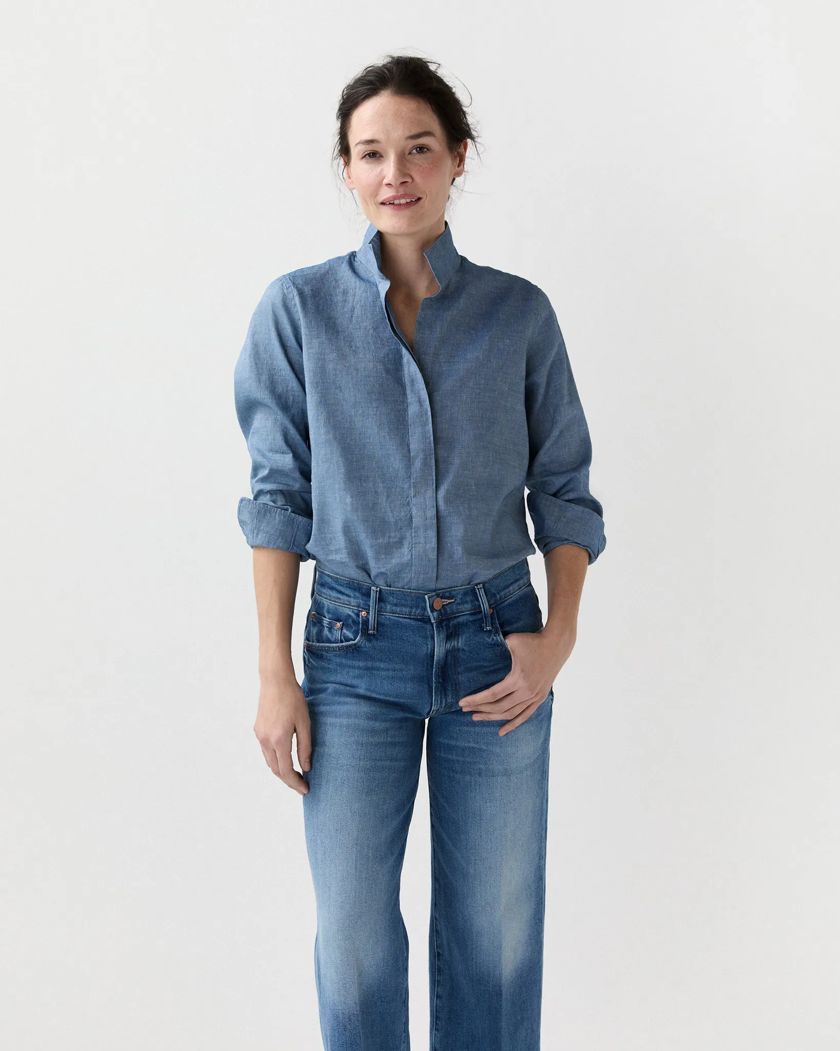 Mel Shirt in Extra Light Washed Cotolino Chambray sold by Mashburn