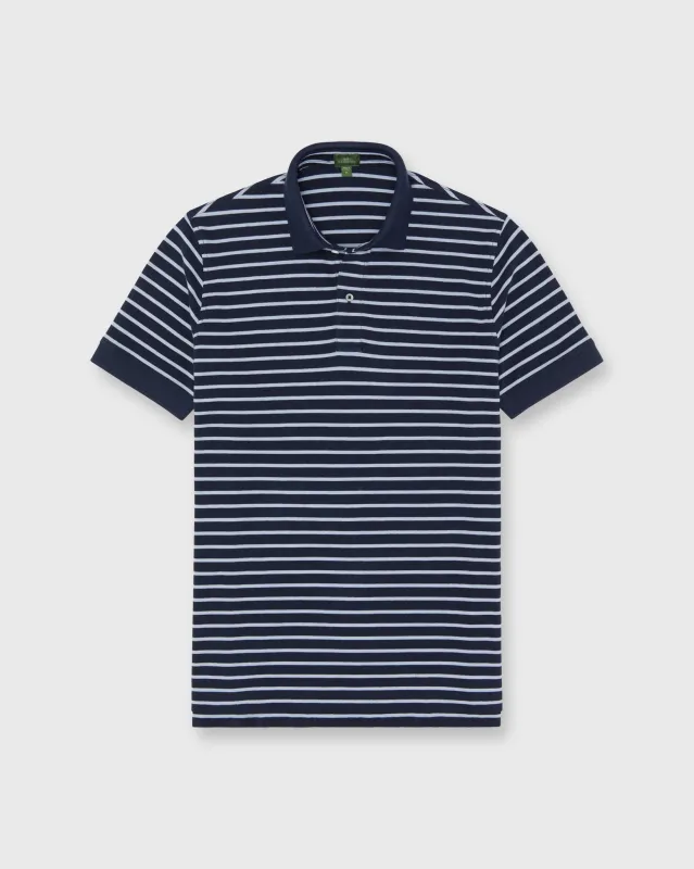 Court Polo in Navy/Heather Pale Blue Stripe Pima Pique sold by Mashburn