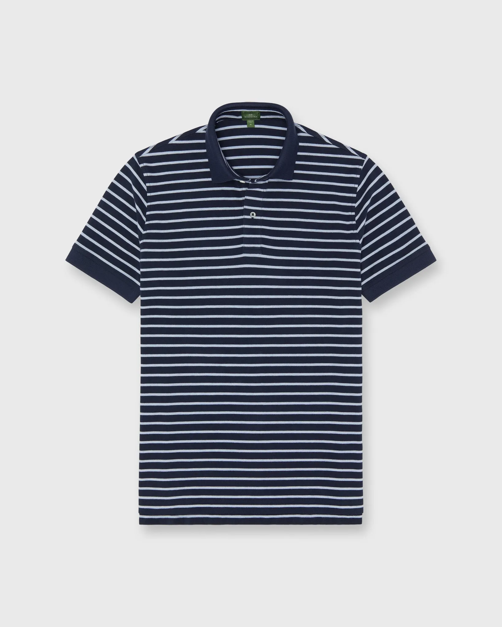 Court Polo in Navy/Heather Pale Blue Stripe Pima Pique sold by Mashburn