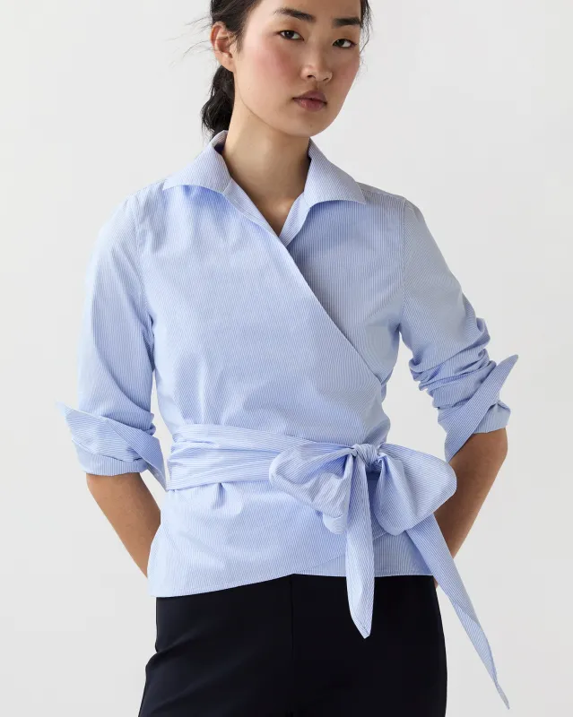 Hilary Wrap Top in Sky Small Bengal Stripe Poplin made by Mashburn