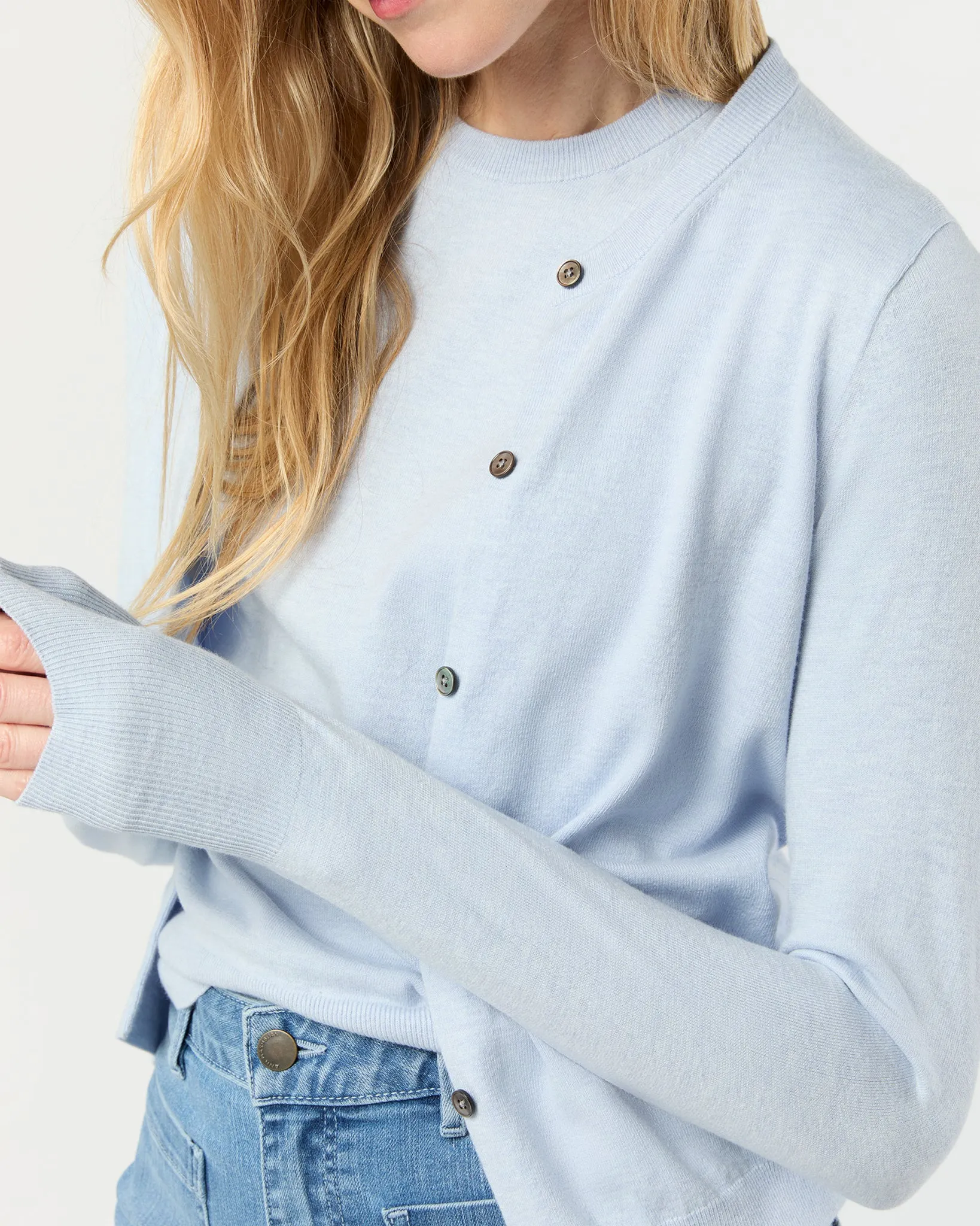 Rosie Cardigan in Heather Sky Cotton/Silk sold by Mashburn product image thumbnail 2