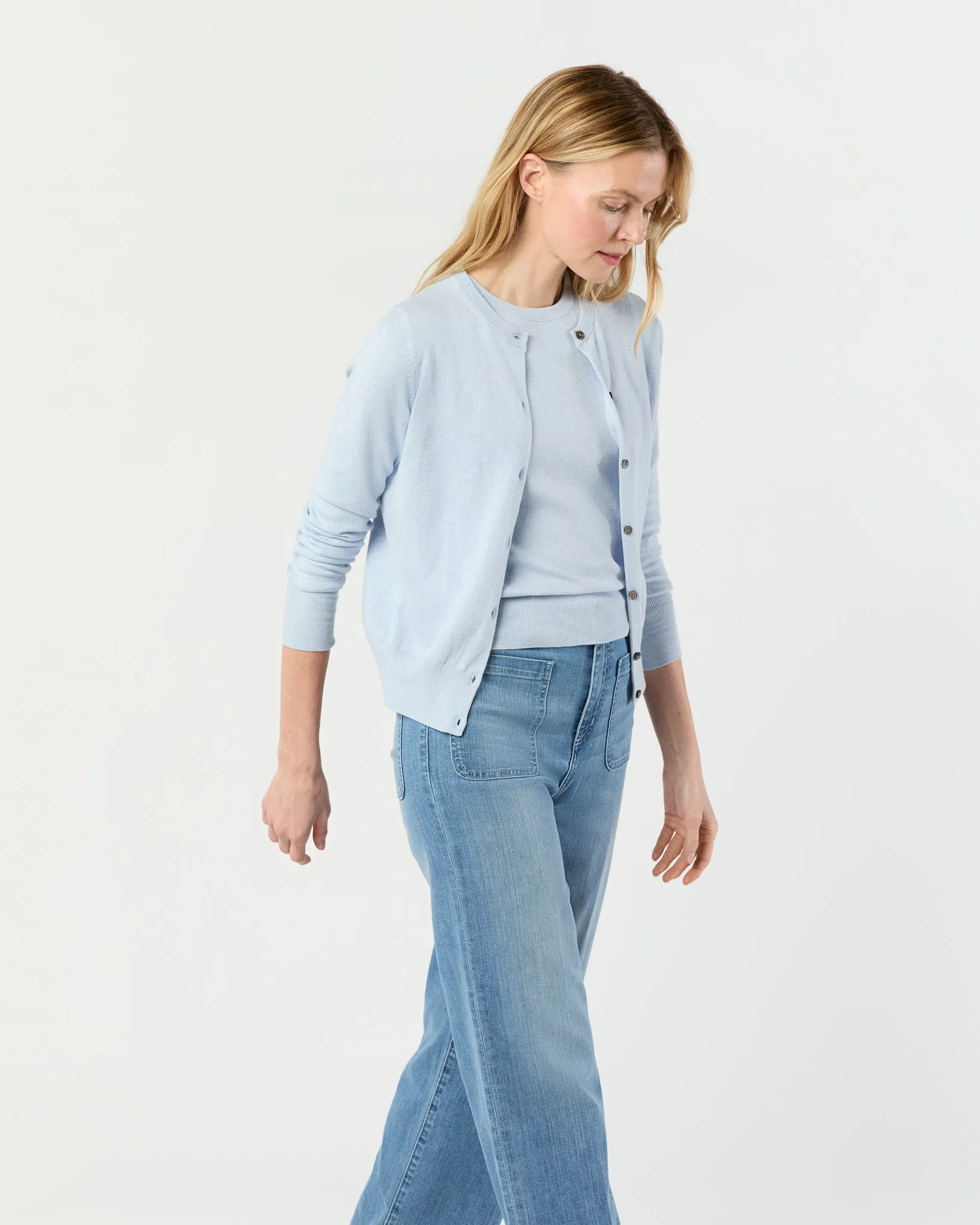 Rosie Cardigan in Heather Sky Cotton/Silk sold by Mashburn product image thumbnail 4