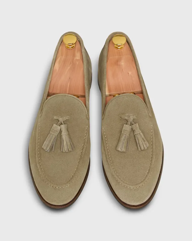 Nassau Tassel Loafer in Stone Suede sold by Mashburn