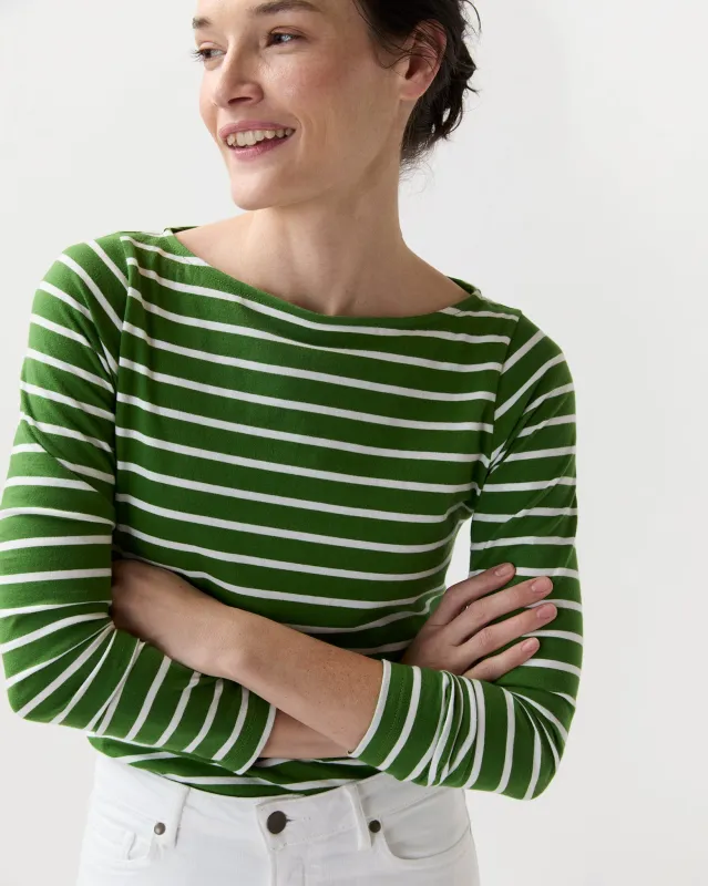 Long-Sleeved Boatneck Tee in Green/White Stripe Jersey sold by Mashburn