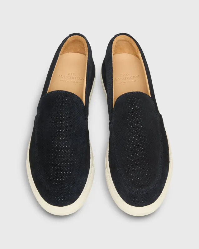 Moccasin Slip-On Sneaker in Navy Perforated Suede sold by Mashburn