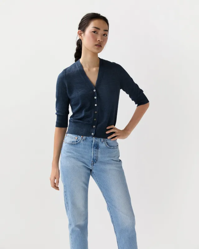 Short-Sleeved Rosie V-Neck Cardigan in Deep Indigo Linen made by Mashburn