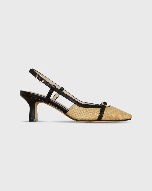 Square-Toe Buckle Slingback Heel in Natural Raffia/Leather made by Mashburn