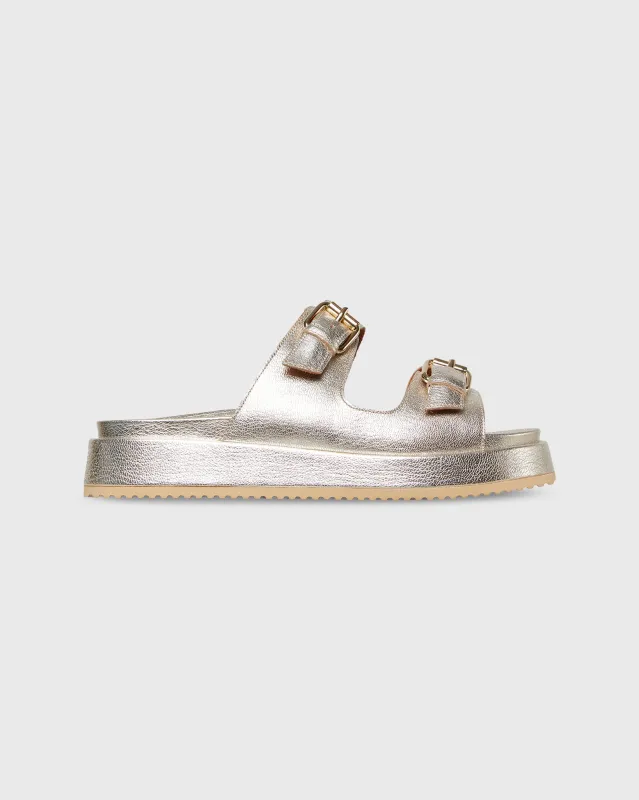 Double-Buckle Platform Slide in Light Platino Leather made by Mashburn