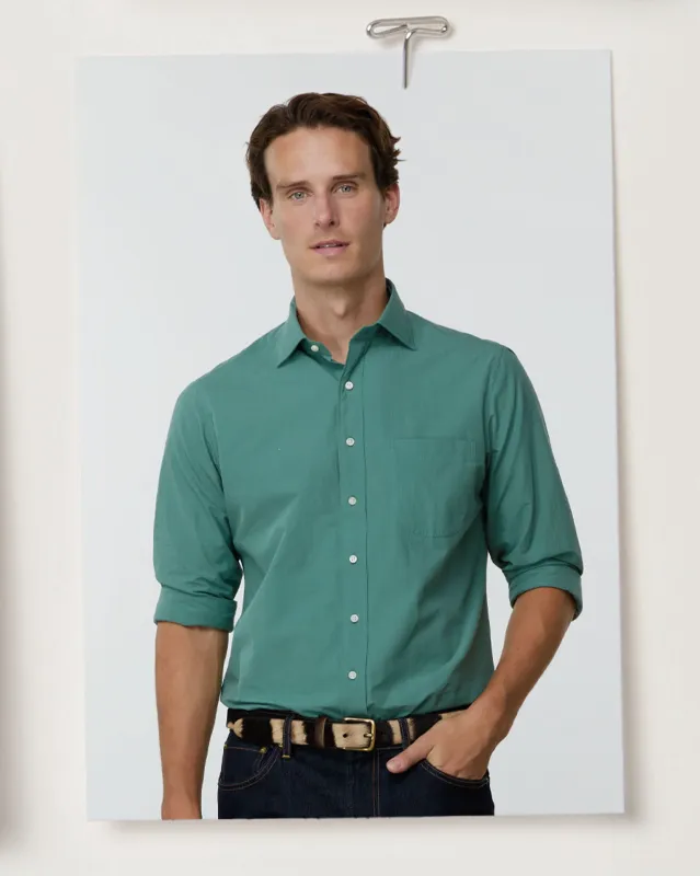 Spread Collar Sport Shirt in Green Shadow Stripe Poplin sold by Mashburn