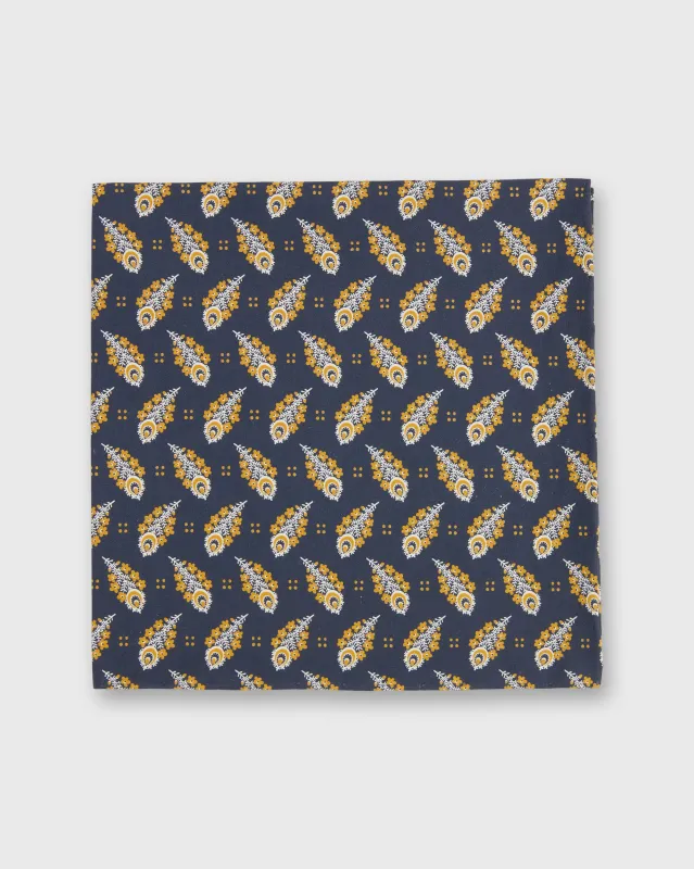 Cotton Print Pocket Square in Navy/Gold Paisley Feather Liberty Fabric sold by Mashburn