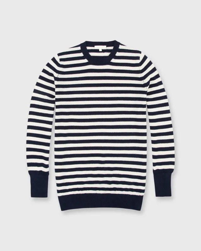 Cydney Boyfriend Crewneck Sweater in Navy/Ivory Stripe Cashmere made by Mashburn