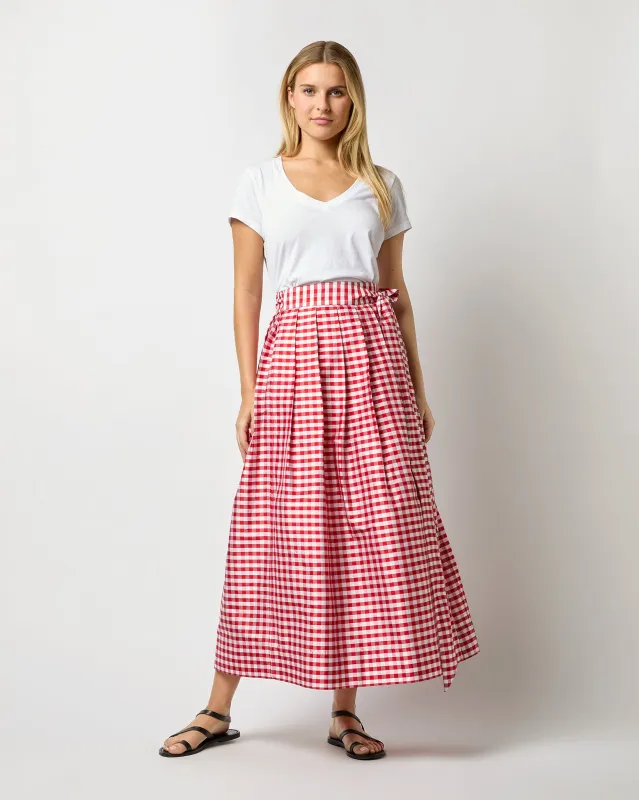 Pleated Wrap Midi Skirt in Red Gingham Silk Shantung made by Mashburn