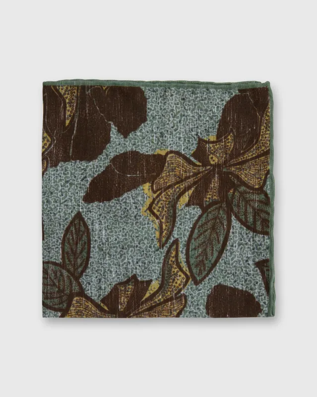 Linen/Cotton Print Pocket Square in Sage/Brown Large Flower sold by Mashburn