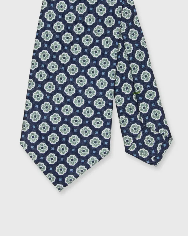 Silk/Linen Print Tie in Navy/Lovat/Bone Foulard sold by Mashburn