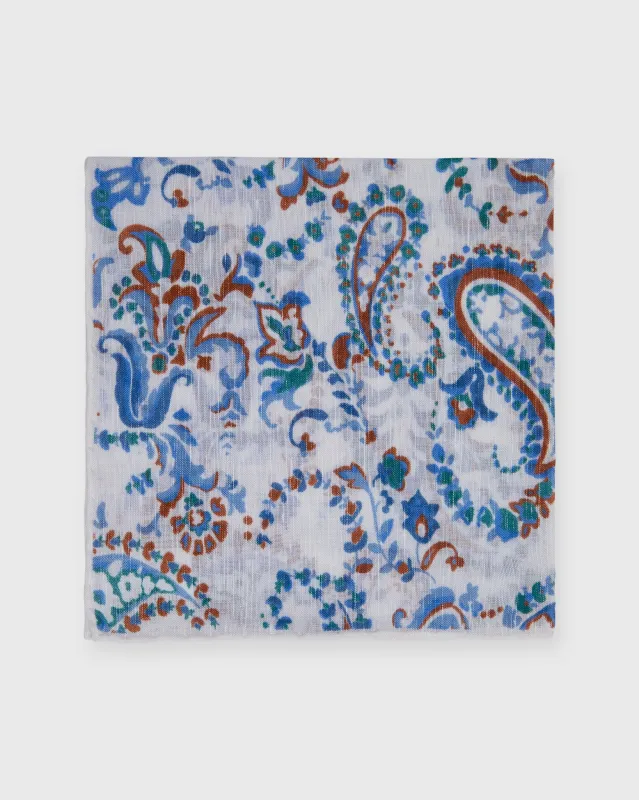 Linen/Cotton Print Pocket Square in Bone/Blue/Tan Paisley Floral sold by Mashburn