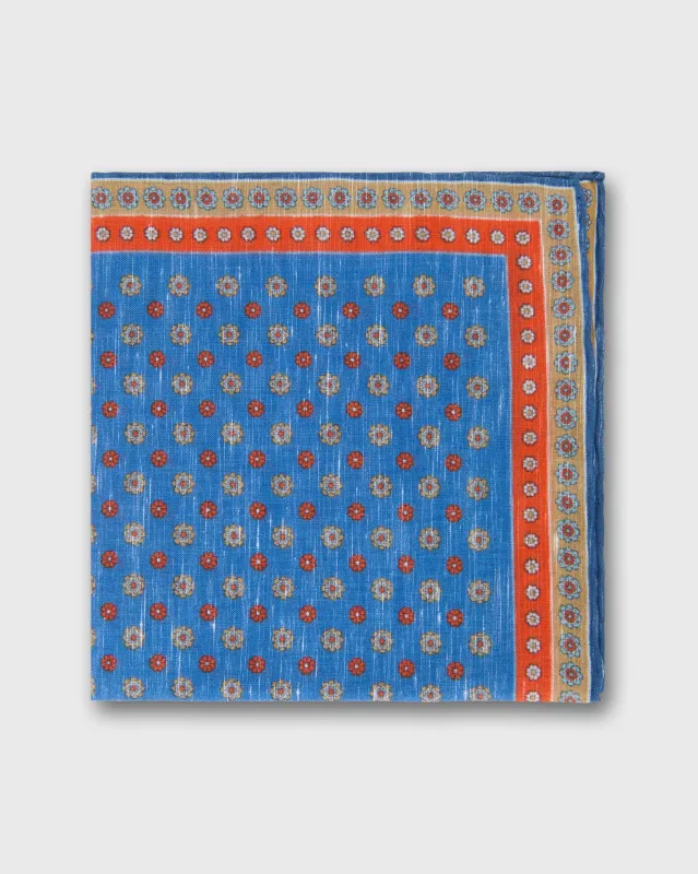 Linen/Cotton Print Pocket Square in Blue/Tomato/Taupe Flower sold by Mashburn
