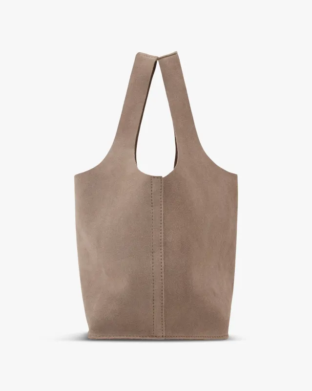 Paola Bucket Bag in Taupe Suede made by Mashburn