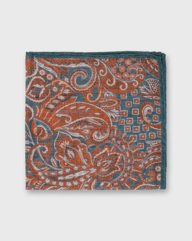 Wool/Silk Pocket Square in Lovat/Orange Floral made by Sid Mashburn