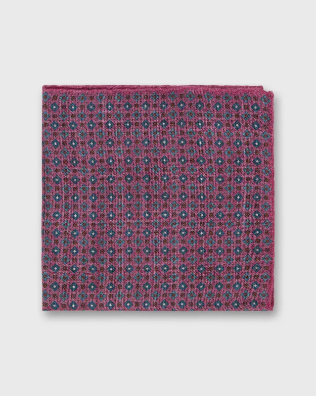 Wool/Silk Pocket Square in Raspberry/Blue/Gold Foulard made by Mashburn