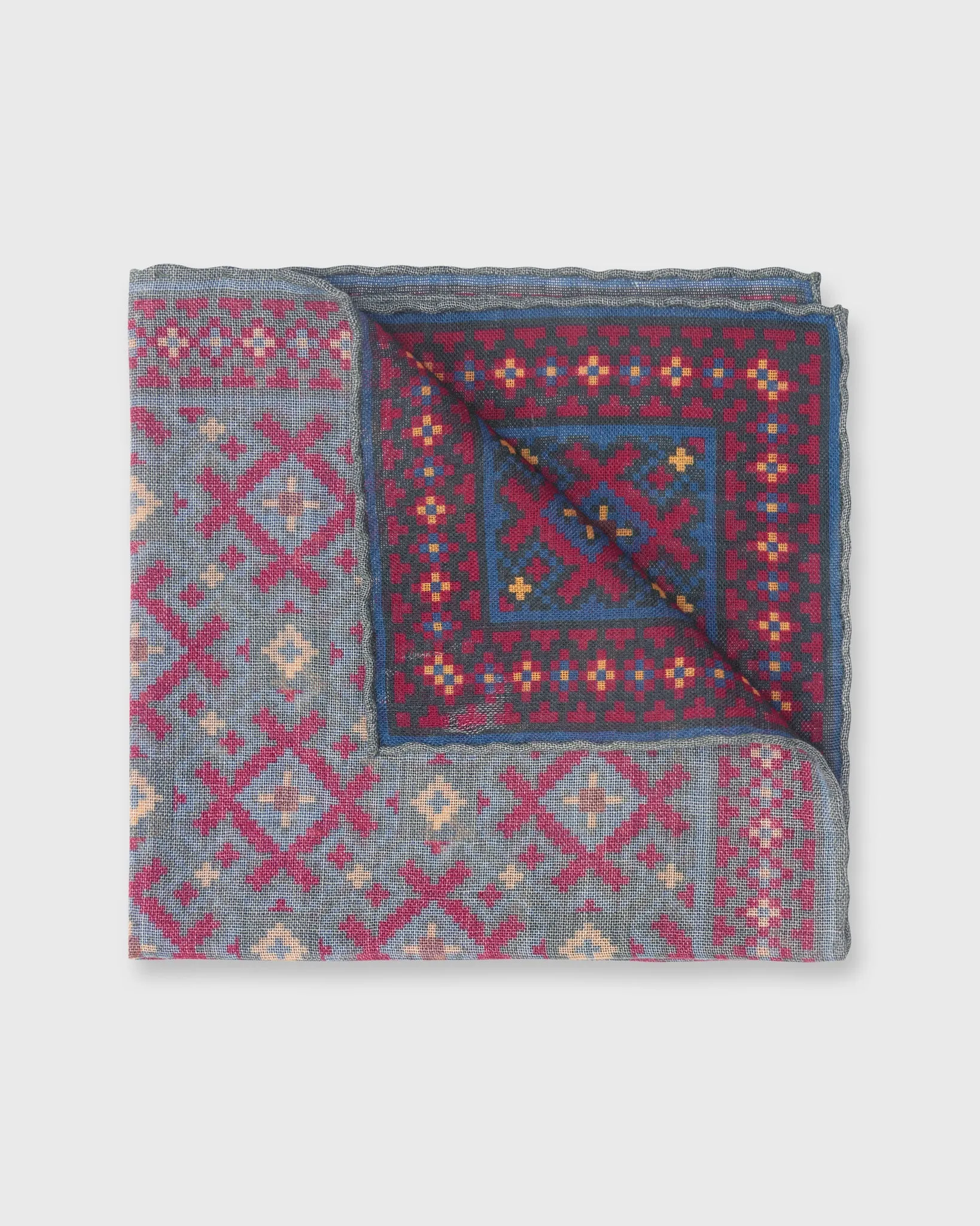 Wool/Silk Print Pocket Square in Evergreen/Burgundy/Gold Aztec sold by Mashburn product image thumbnail 3