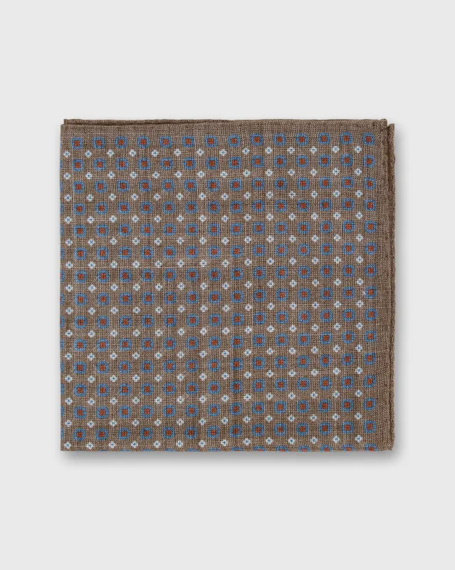 Wool/Silk Pocket Square in Brown/Blue/Orange Foulard made by Mashburn