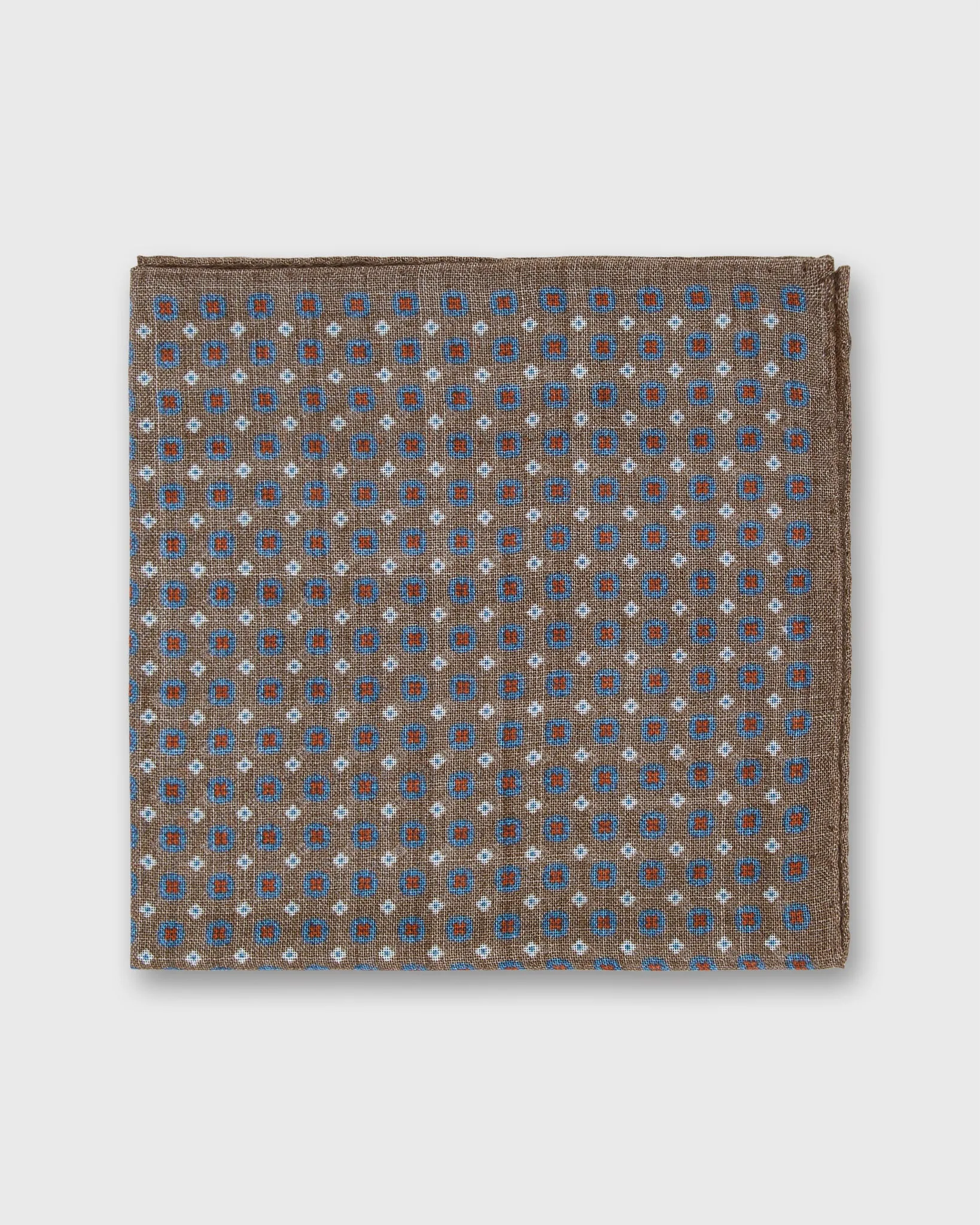 Wool/Silk Pocket Square in Brown/Blue/Orange Foulard sold by Mashburn