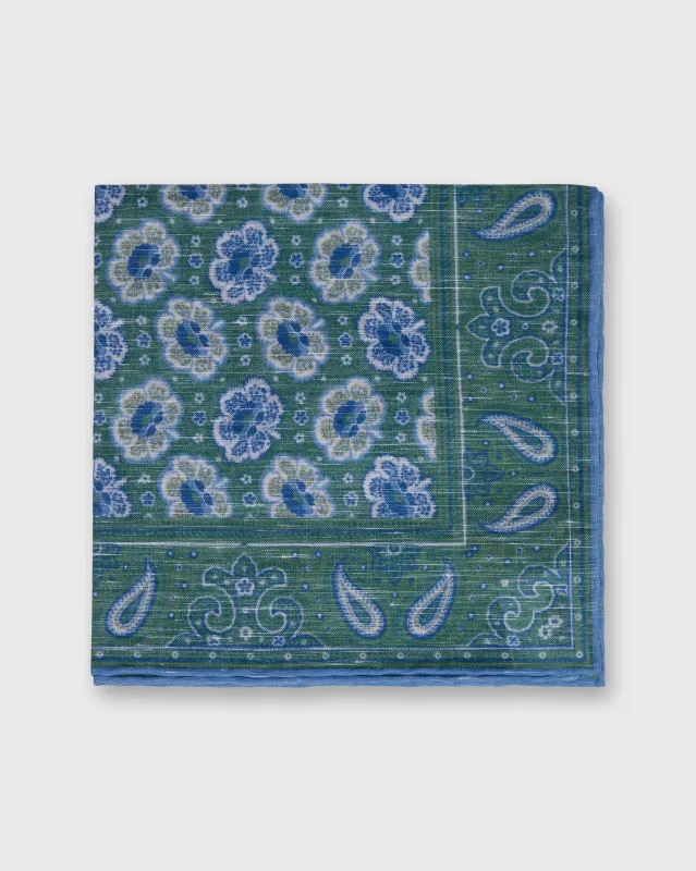 Linen/Cotton Print Pocket Square in Green/Blue Paisley sold by Mashburn